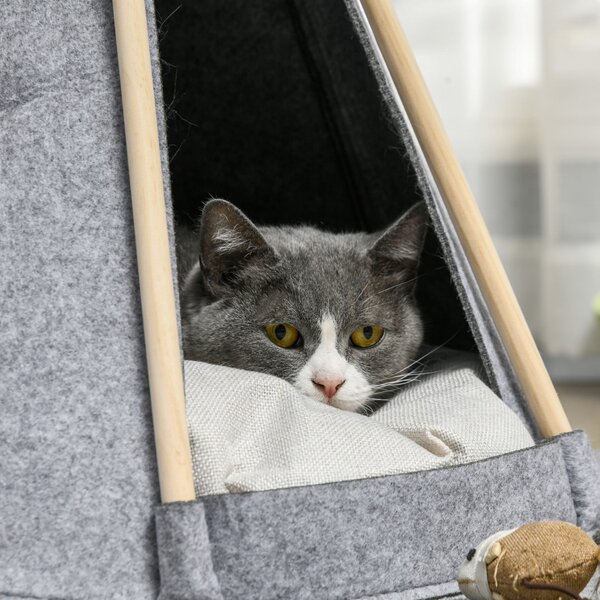 PawHut Pet Teepee Stan - Šedý teepee pro kočky nebo malé psy - silný polštář pro maximální komfort, 2 pompony v ceně - konstrukce z borového dřeva s p