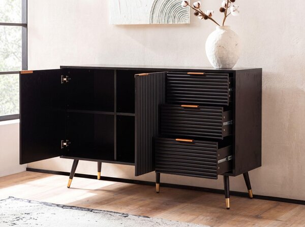 FineBuy Sideboard 120x80x40 cm Průdušná skříň černá s dubovým dekorem Komoda s dvířky a zásuvkami Komoda Skříň do předsíně Moderní stojací skříň