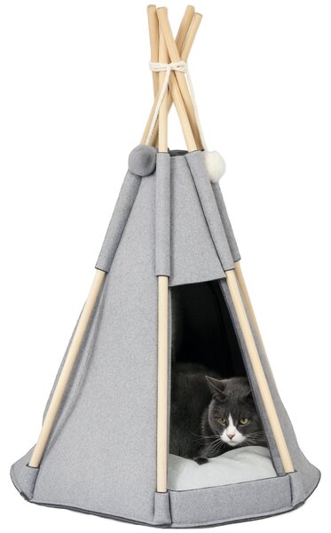 PawHut Pet Teepee Stan - Šedý teepee pro kočky nebo malé psy - silný polštář pro maximální komfort, 2 pompony v ceně - konstrukce z borového dřeva s p