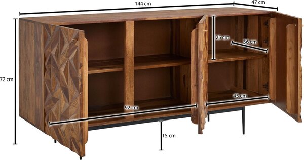 FineBuy Sideboard Sheesham masivní dřevo 145 cm se 3 dvířky - Masivní retro komoda s černými nohami - Designový přírodní příborník - Ručně vyrobený v industriálním stylu