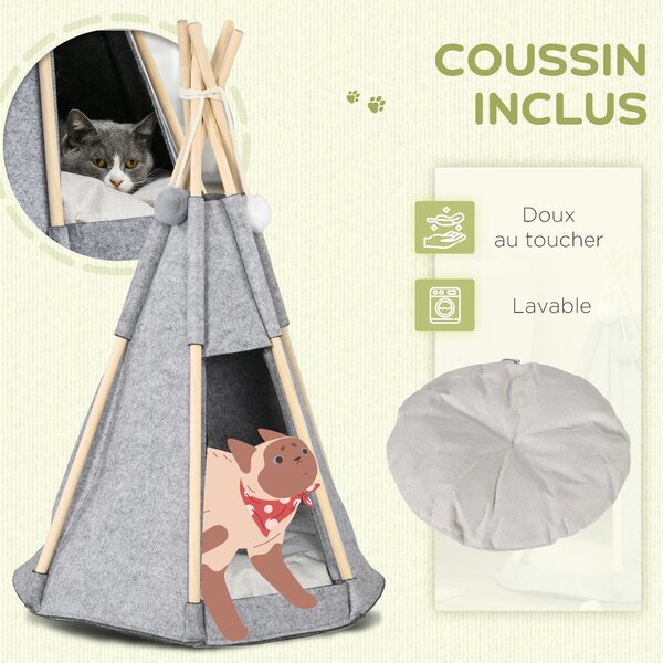 PawHut Pet Teepee Stan - Šedý teepee pro kočky nebo malé psy - silný polštář pro maximální komfort, 2 pompony v ceně - konstrukce z borového dřeva s p