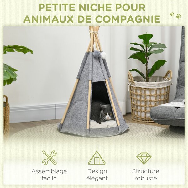 PawHut Pet Teepee Stan - Šedý teepee pro kočky nebo malé psy - silný polštář pro maximální komfort, 2 pompony v ceně - konstrukce z borového dřeva s p