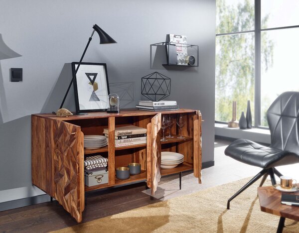 FineBuy Sideboard Sheesham masivní dřevo 145 cm se 3 dvířky - Masivní retro komoda s černými nohami - Designový přírodní příborník - Ručně vyrobený v industriálním stylu