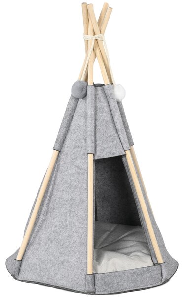 PawHut Pet Teepee Stan - Šedý teepee pro kočky nebo malé psy - silný polštář pro maximální komfort, 2 pompony v ceně - konstrukce z borového dřeva s p