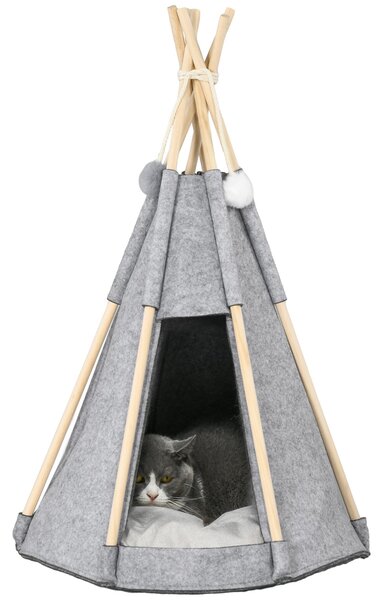 PawHut Pet Teepee Stan - Šedý teepee pro kočky nebo malé psy - silný polštář pro maximální komfort, 2 pompony v ceně - konstrukce z borového dřeva s p