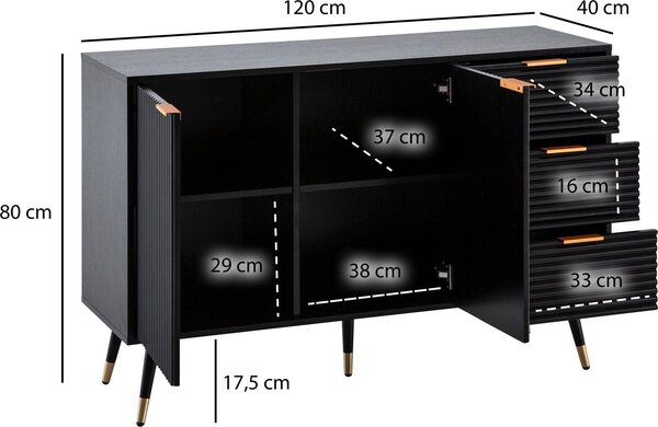 FineBuy Sideboard 120x80x40 cm Průdušná skříň černá s dubovým dekorem Komoda s dvířky a zásuvkami Komoda Skříň do předsíně Moderní stojací skříň