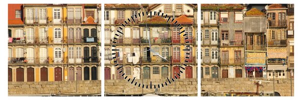 Obraz - Nábřežní čtvrť, Portugalsko (s hodinami) (90x30 cm)