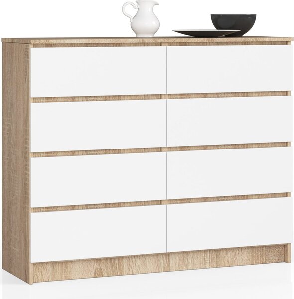 BDW, komoda s 8 zásuvkami, 120x99x40 cm, spousta úložného prostoru, dub Sonoma - bílá