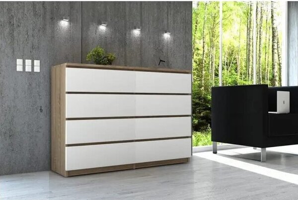 BDW, komoda s 8 zásuvkami, 120x99x40 cm, spousta úložného prostoru, dub Sonoma - bílá