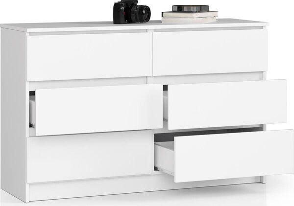 Komoda o šířce 120 cm se 6 zásuvkami, do ložnice a obývacího pokoje, univerzální do předsíně a dětského pokoje v bílé barvě