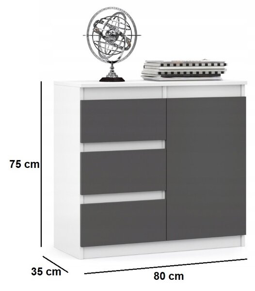 VBChome Komoda 80 x 35 x 75 cm se 3 zásuvkami a 1 dvířky Bílá - grafit Bezúchytková zásuvková komoda Víceúčelová skříň do předsíně Ložnice