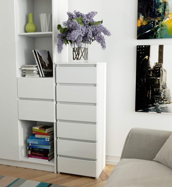 Komoda se šesti zásuvkami, elegantní, pro minimalistické interiéry, výška 109 cm a šířka 40 cm, obývací pokoj, ložnice, předsíň, skříň, příborník, vysoká skříň, spousta úložného prostoru, bílá barva