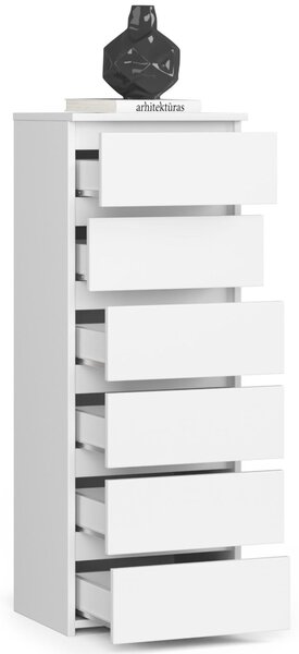 Komoda se šesti zásuvkami, elegantní, pro minimalistické interiéry, výška 109 cm a šířka 40 cm, obývací pokoj, ložnice, předsíň, skříň, příborník, vysoká skříň, spousta úložného prostoru, bílá barva