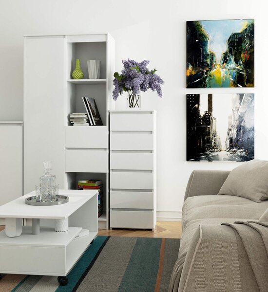 Komoda se šesti zásuvkami, elegantní, pro minimalistické interiéry, výška 109 cm a šířka 40 cm, obývací pokoj, ložnice, předsíň, skříň, příborník, vysoká skříň, spousta úložného prostoru, bílá barva