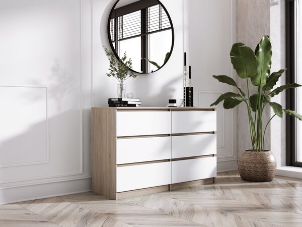 Komoda 6 zásuvek, barva: dub Sonoma / matná bílá, 120 cm x 39 cm x 78 cm
