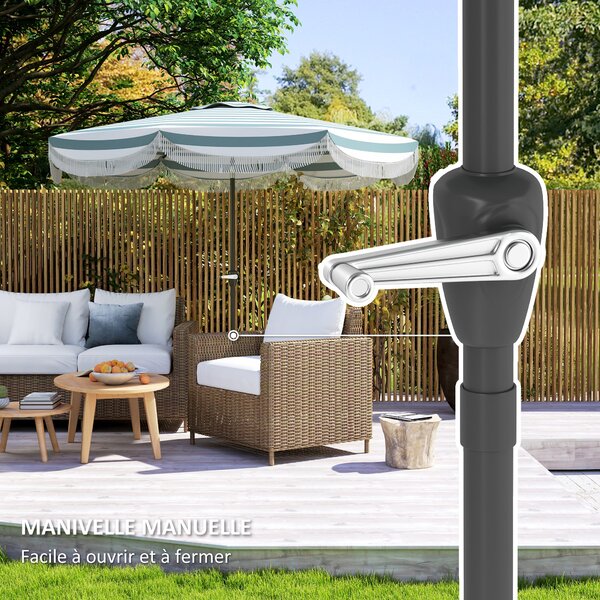 Outsunny Zahradní Slunečník s Obloukovým Úhlem Ø2,7 x 2,4 m s Kličkou pro Otevírání a Zavírání, třásně, 180 g/m² UV Ochrana UPF 30+, Ideální na Balkon