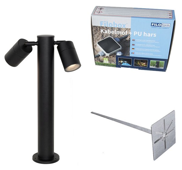 Venkovní lampa černá s zemním hrotem a kabelovou průchodkou 45cm 2-světla IP44 - Duo