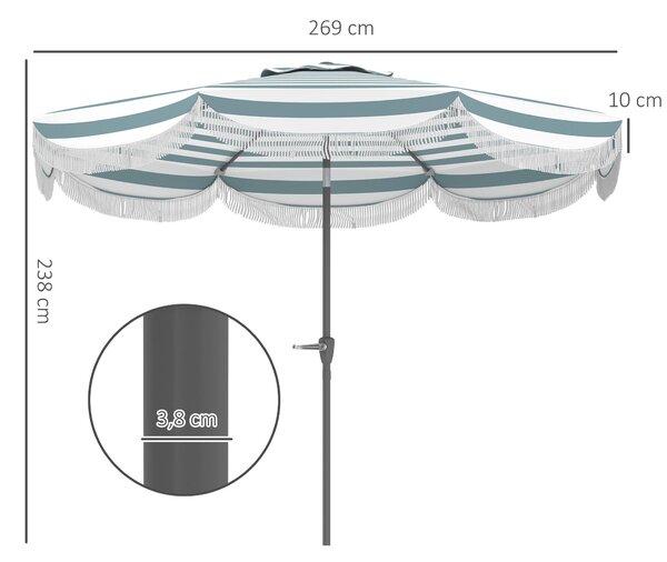 Outsunny Zahradní Slunečník s Obloukovým Úhlem Ø2,7 x 2,4 m s Kličkou pro Otevírání a Zavírání, třásně, 180 g/m² UV Ochrana UPF 30+, Ideální na Balkon