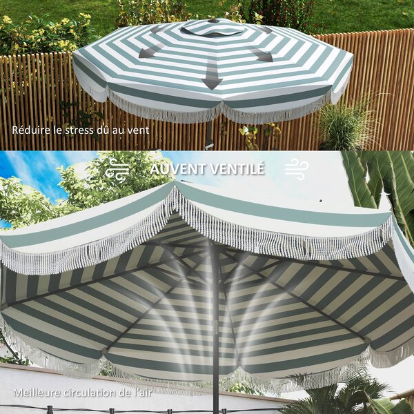 Outsunny Zahradní Slunečník s Obloukovým Úhlem Ø2,7 x 2,4 m s Kličkou pro Otevírání a Zavírání, třásně, 180 g/m² UV Ochrana UPF 30+, Ideální na Balkon