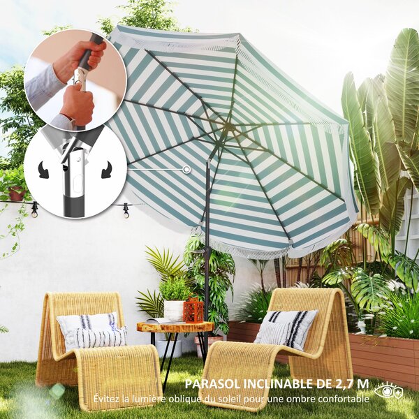 Outsunny Zahradní Slunečník s Obloukovým Úhlem Ø2,7 x 2,4 m s Kličkou pro Otevírání a Zavírání, třásně, 180 g/m² UV Ochrana UPF 30+, Ideální na Balkon