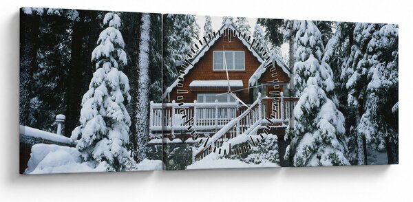 Obraz - Dřevěná chata (s hodinami) (90x30 cm)