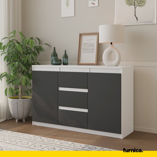 FURNICA - MIKEL - Komoda se 3 zásuvkami a 2 dvířky - bílá matná / atracitově šedá V75cm Š120cm H35cm