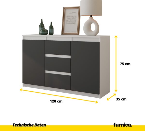 FURNICA - MIKEL - Komoda se 3 zásuvkami a 2 dvířky - bílá matná / atracitově šedá V75cm Š120cm H35cm