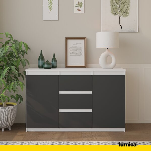FURNICA - MIKEL - Komoda se 3 zásuvkami a 2 dvířky - bílá matná / atracitově šedá V75cm Š120cm H35cm