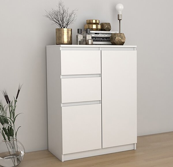 Komoda se 2 zásuvkami a 2 dvířky 70x97x40 cm (š/v/d) úzká v bílé barvě, příborník víceúčelová skříň Skříň do ložnice