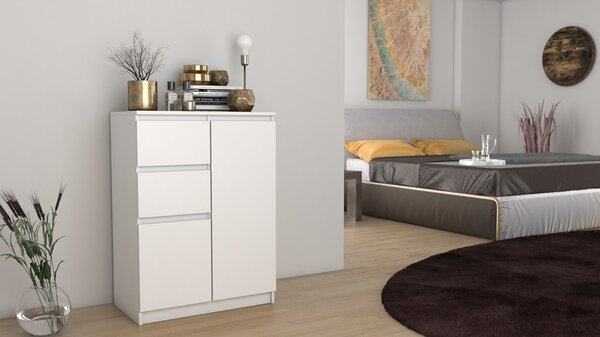 Komoda se 2 zásuvkami a 2 dvířky 70x97x40 cm (š/v/d) úzká v bílé barvě, příborník víceúčelová skříň Skříň do ložnice