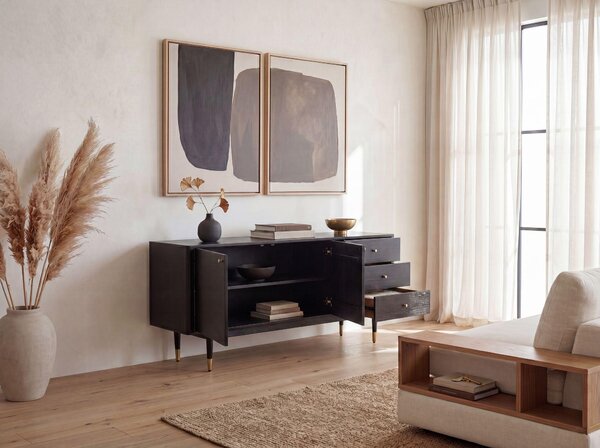 Komoda FineBuy z masivního akátového dřeva, 160 cm, 2 dvířka a 3 zásuvky – masivní retro komoda v černé barvě – designová komoda v přírodním stylu – ručně vyrobená, industriální design