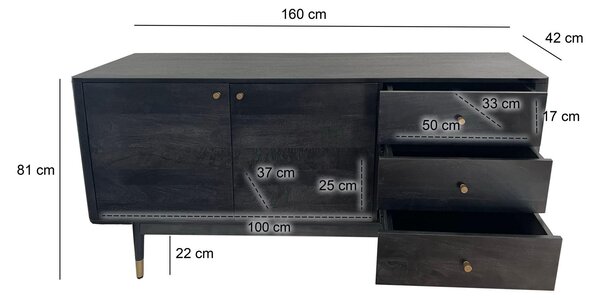 Komoda FineBuy z masivního akátového dřeva, 160 cm, 2 dvířka a 3 zásuvky – masivní retro komoda v černé barvě – designová komoda v přírodním stylu – ručně vyrobená, industriální design
