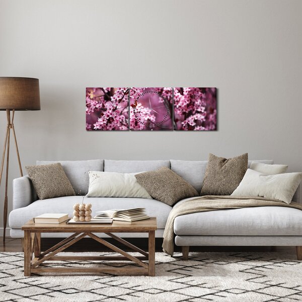 Obraz - Růžová sakura (s hodinami) (90x30 cm)