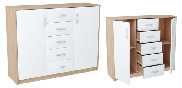 Komoda s 5 zásuvkami a 2 dvířky v matné povrchové úpravě, komoda šířka 110 cm dřevěná skříňka příborník vysoká komoda sonoma bílá