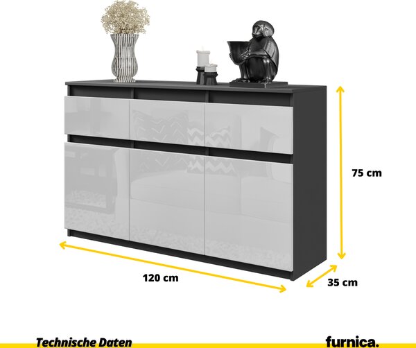 FURNICA - NOAH - Komoda / příborník se 3 zásuvkami a 3 dvířky - antracitově šedá / bílý lesk V75cm Š120cm H35cm