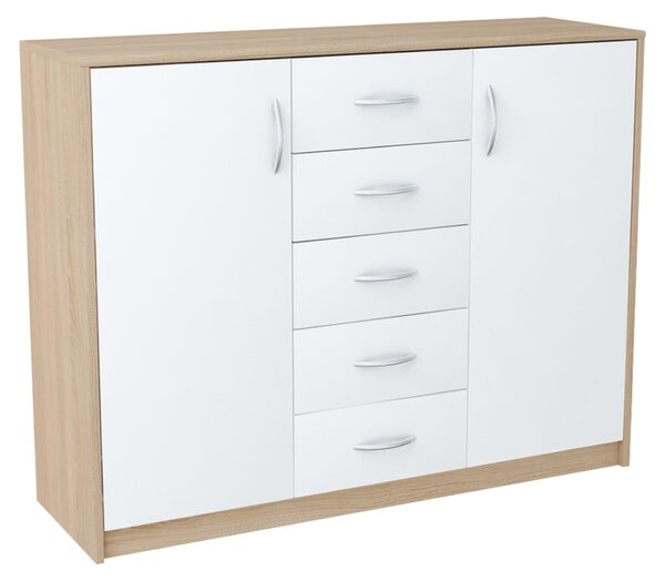 Komoda s 5 zásuvkami a 2 dvířky v matné povrchové úpravě, komoda šířka 110 cm dřevěná skříňka příborník vysoká komoda sonoma bílá