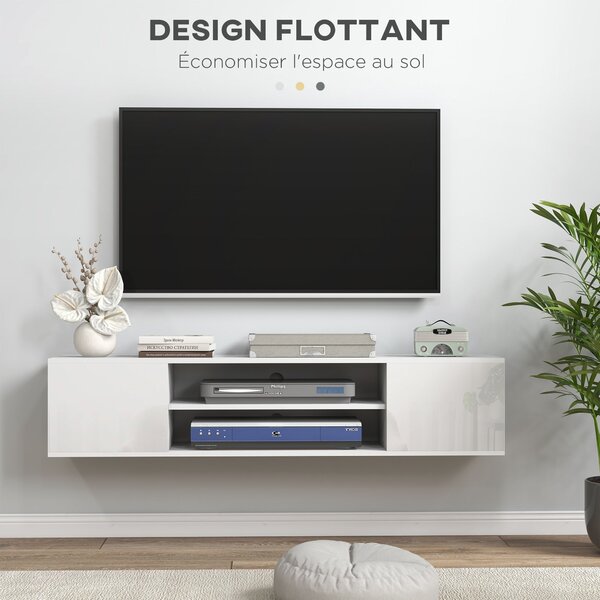 HOMCOM Nástěnný televizní stolek v moderním stylu - 2 skříňky, 2 centrální nika a 2 otvory pro správu kabelů 140 x 30 x 30 cm bílá | Aosom