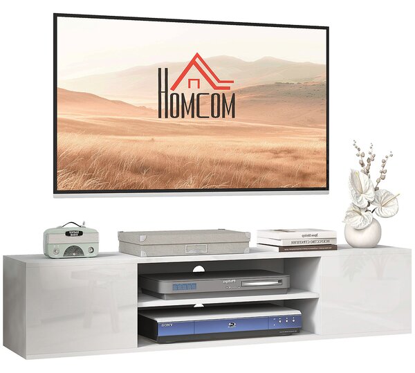 HOMCOM Nástěnný televizní stolek v moderním stylu - 2 skříňky, 2 centrální nika a 2 otvory pro správu kabelů 140 x 30 x 30 cm bílá | Aosom