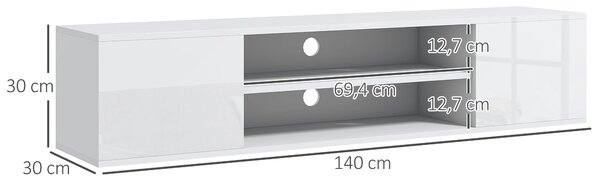 HOMCOM Nástěnný televizní stolek v moderním stylu - 2 skříňky, 2 centrální nika a 2 otvory pro správu kabelů 140 x 30 x 30 cm bílá | Aosom