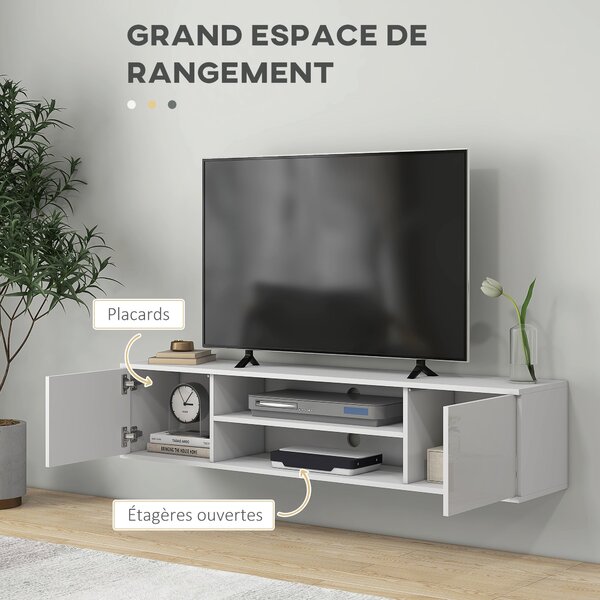 HOMCOM Nástěnný televizní stolek v moderním stylu - 2 skříňky, 2 centrální nika a 2 otvory pro správu kabelů 140 x 30 x 30 cm bílá | Aosom