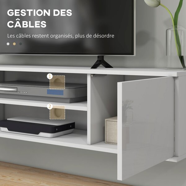 HOMCOM Nástěnný televizní stolek v moderním stylu - 2 skříňky, 2 centrální nika a 2 otvory pro správu kabelů 140 x 30 x 30 cm bílá | Aosom