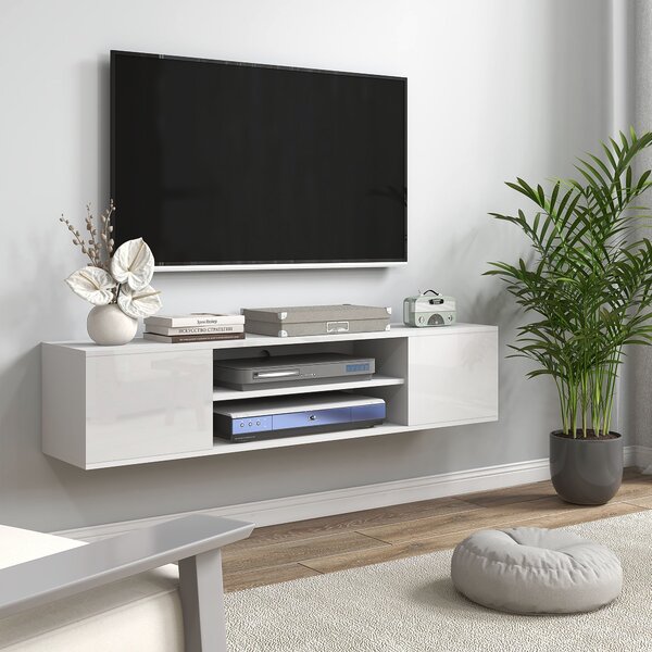 HOMCOM Nástěnný televizní stolek v moderním stylu - 2 skříňky, 2 centrální nika a 2 otvory pro správu kabelů 140 x 30 x 30 cm bílá | Aosom