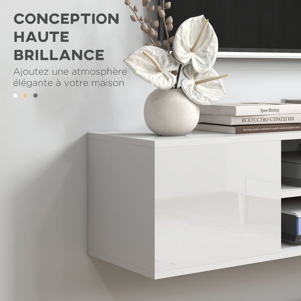 HOMCOM Nástěnný televizní stolek v moderním stylu - 2 skříňky, 2 centrální nika a 2 otvory pro správu kabelů 140 x 30 x 30 cm bílá | Aosom