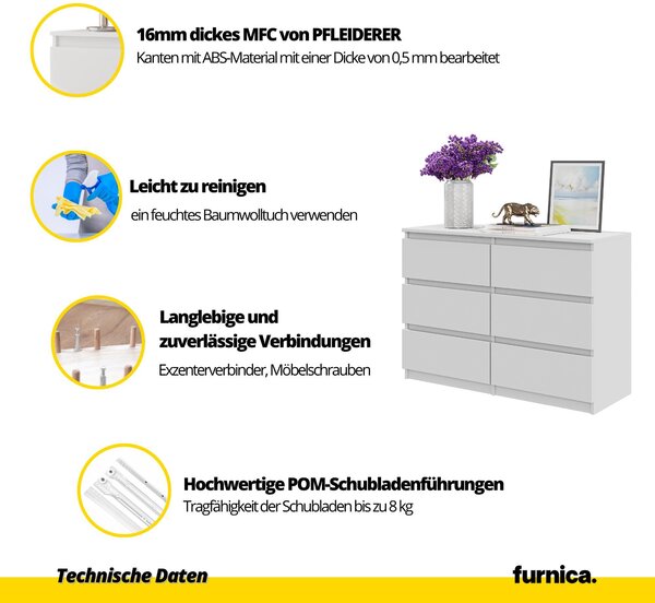 FURNICA - GABRIEL - Komoda se 6 zásuvkami - bílá matná V71cm Š100cm H33cm