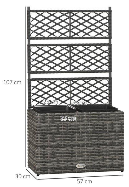 Outsunny Zahradní Truhlík s Trellis pro Popínavé Rostliny, Vyvýšený Truhlík se 2 Vnitřními Květináči, Ocelový Rám a PE Ratan, 57x30x107cm, Šedá | Aoso
