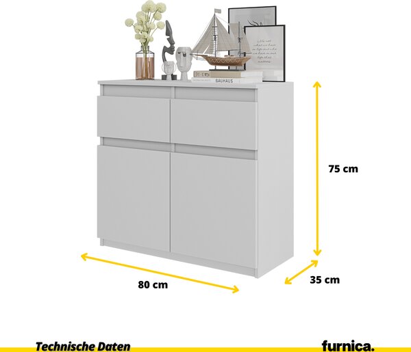 FURNICA - NOAH - Komoda se 2 zásuvkami a 2 dvířky - bílá matná V75cm Š80cm H35cm