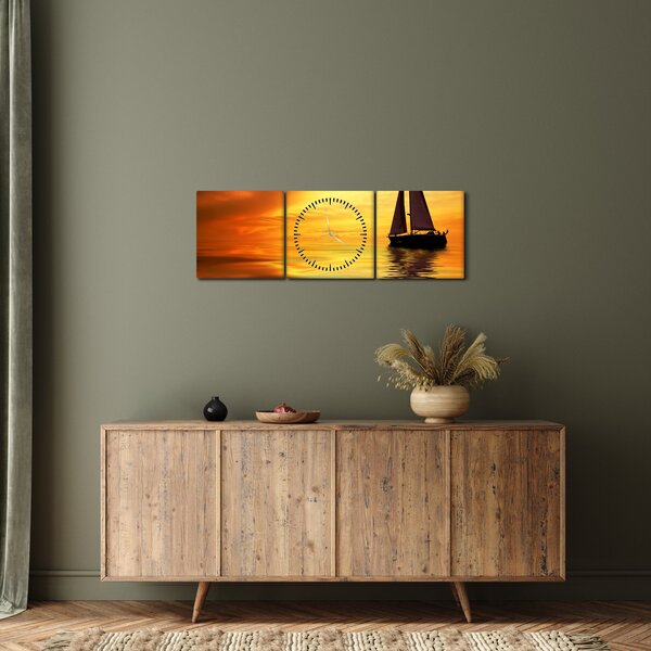 Obraz - Plachetnice při západu slunce (s hodinami) (90x30 cm)