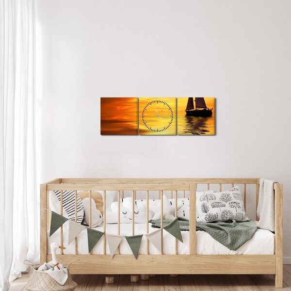 Obraz - Plachetnice při západu slunce (s hodinami) (90x30 cm)