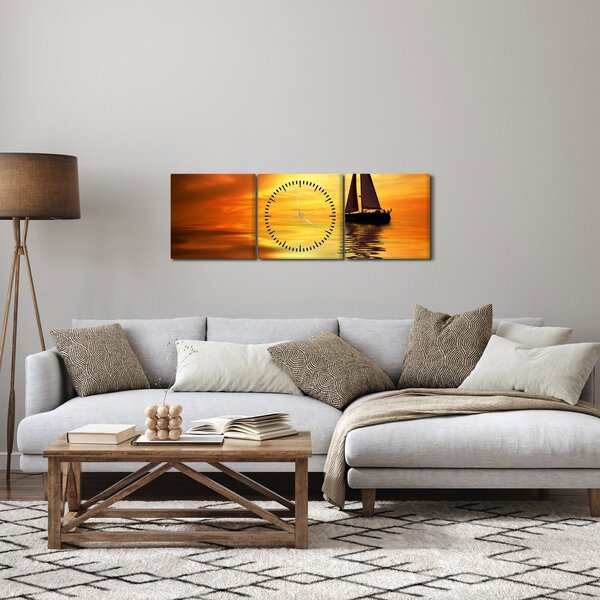 Obraz - Plachetnice při západu slunce (s hodinami) (90x30 cm)