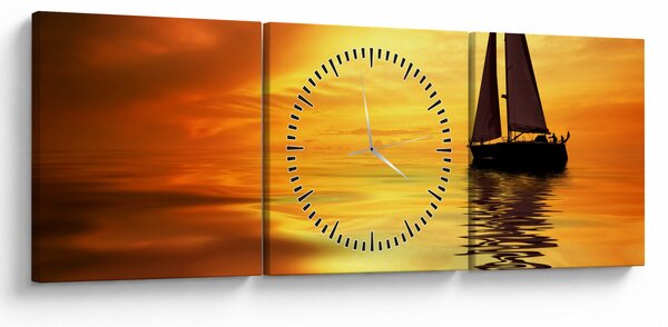 Obraz - Plachetnice při západu slunce (s hodinami) (90x30 cm)
